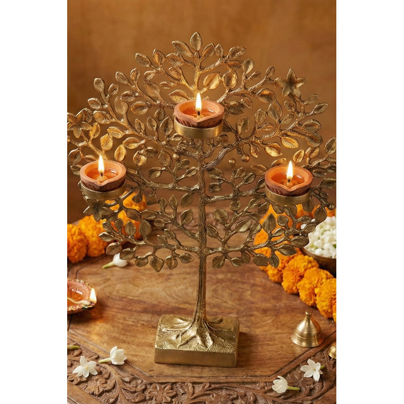 9" Handcrafted Brass Tree of Life Candle Holder – 3-Wick Diya Stand with Symbolic Roots & Branches