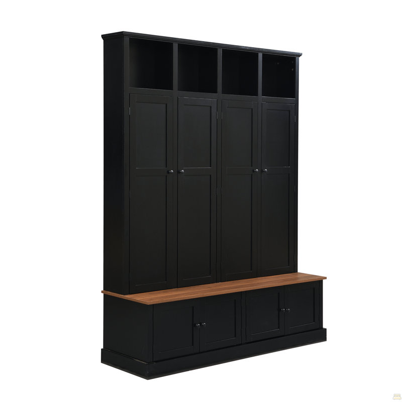 Arbre d'entrée 76,7 po Farmhouse avec banc et armoire, banc d'entrée 4 en 1 avec portemanteau, organisateur de rangement de vestibule moderne avec casiers ouverts et crochets pour le couloir, l'entrée et le salon