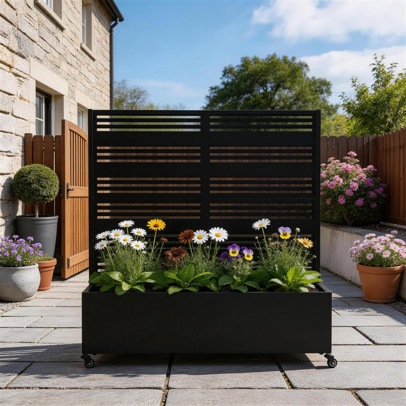 Boîte à fleurs en métal avec treillis et roues, H 47,2 po x l 47,2 po x P 15,7 po, Black
