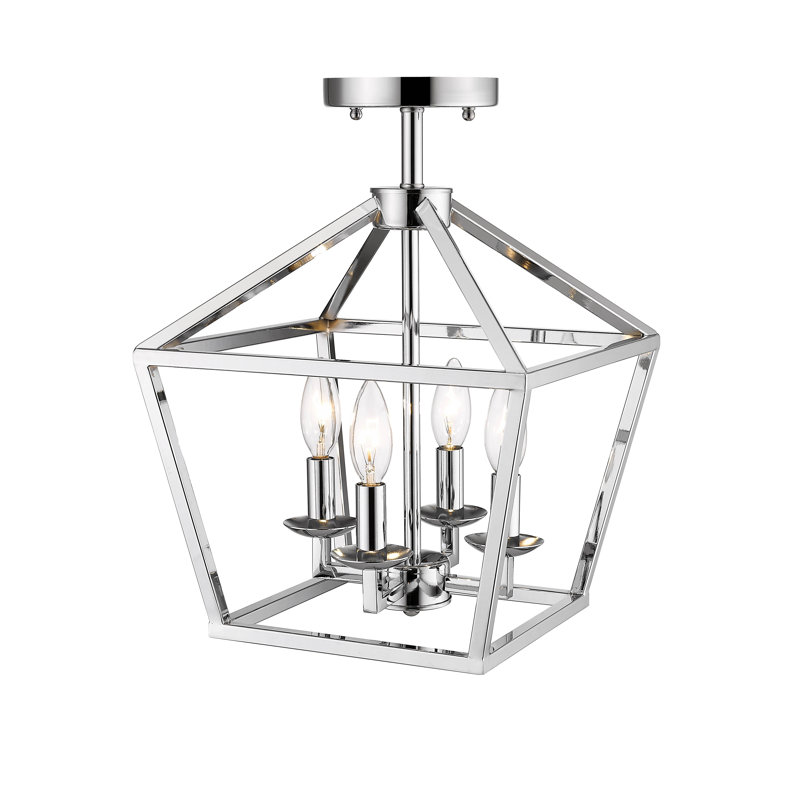 4-Light Shiny Nickel Metal Caged Flush Mount