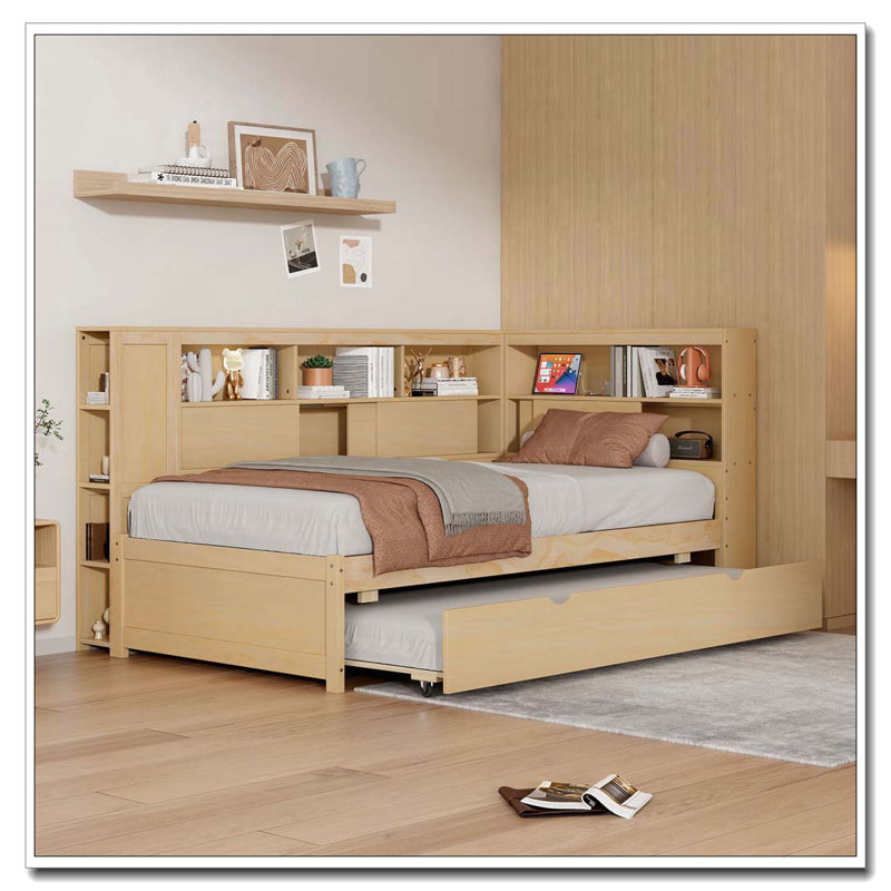 Lit de jour simple en bois avec tablettes de rangement, USB et lit gigogne, Naturel