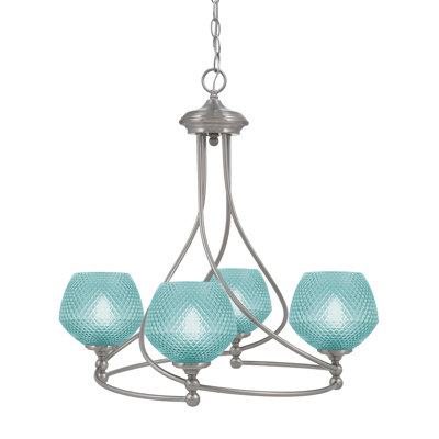 Lustre 4 lumières Sheffield montré en nickel brossé, verre turquoise 6 "