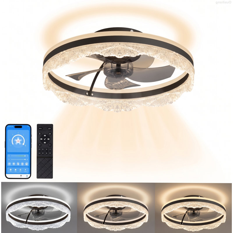 Ventilateur de plafond encastré à télécommande à 25 vitesses en cristal de 25 pouces avec lumière, noir, 25-inch