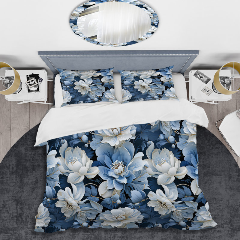 Ensemble de housse de couette Arctic Blue And White Botanical Pattern, Housse de couette pour très grand lit et 2 très