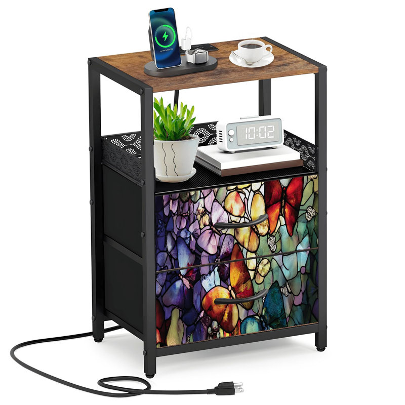 2 Fabric Drawers Night Stand with Charging Station Ethereal Fluttering Butterflies Vivid Blooms Bedroom Bedside Table End Table with Open Shelf USB Ports and Outlets