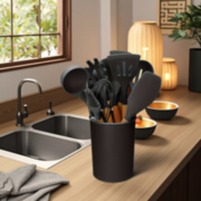 11-piece Silicone Cooking Utensil Set Kitchen Tool Set With Storage Rack Heat-resistant Material, Wooden Handles, Stylish Black Design, Convenient Sto