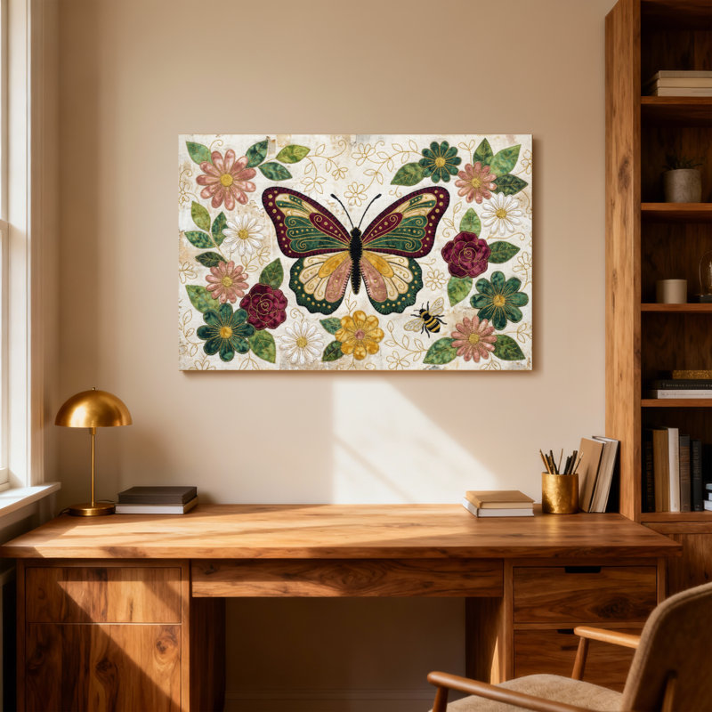 Animaux, papillon, fleurs, feuilles, abeille, art, H 12 po x l 18 po