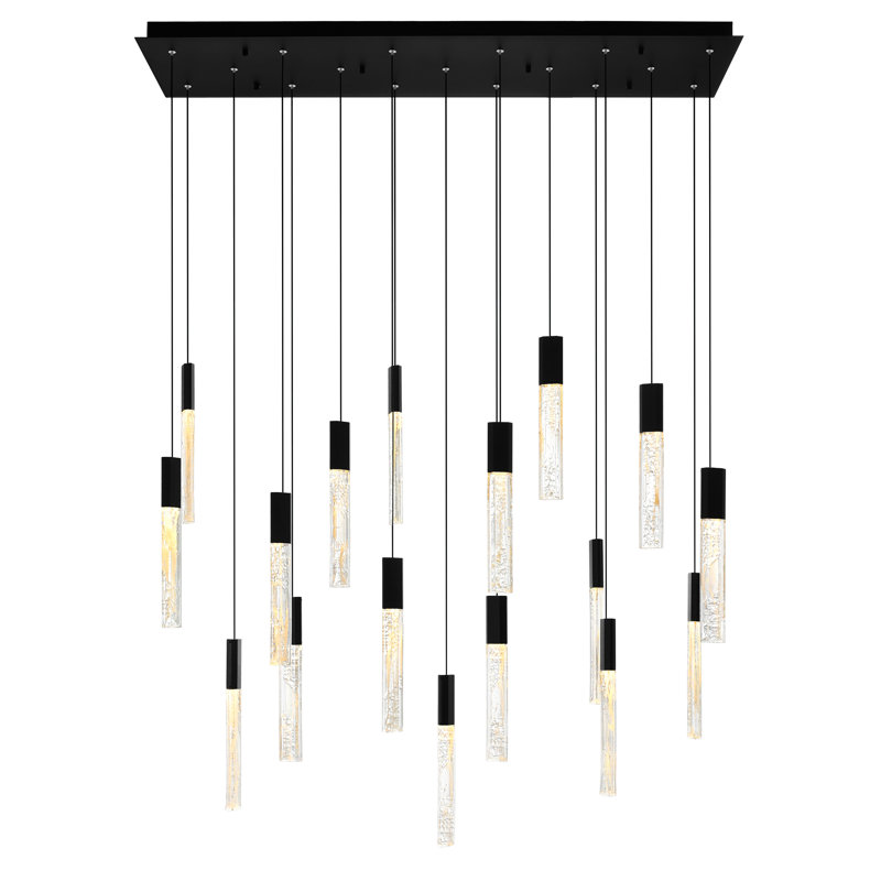Integrated LED 48in Black Modern Chandelier with Textured Handmade Glass for Living Room Dining Room, Black