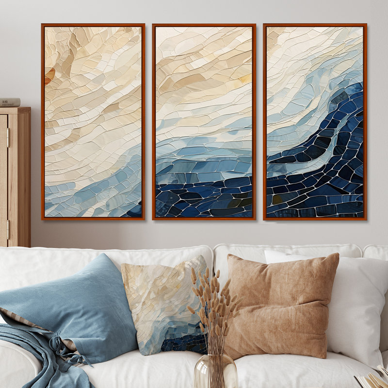 «Abstract Breaking Waves Blue» - ensemble d'art abstrait mural, Cadre flottant brun, H 40 po x l 60 po x P 1 po