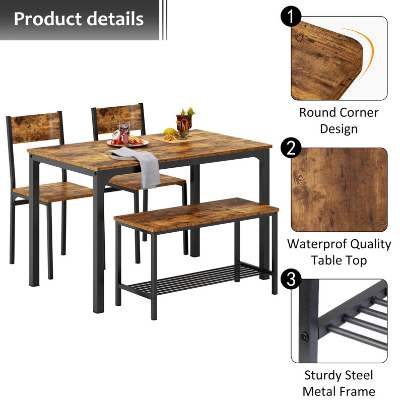 Pickell 4-Person Dining Table Set, 2 Chairs With Backrest,2-Person Bench With Storage Rack, Rustic Brown