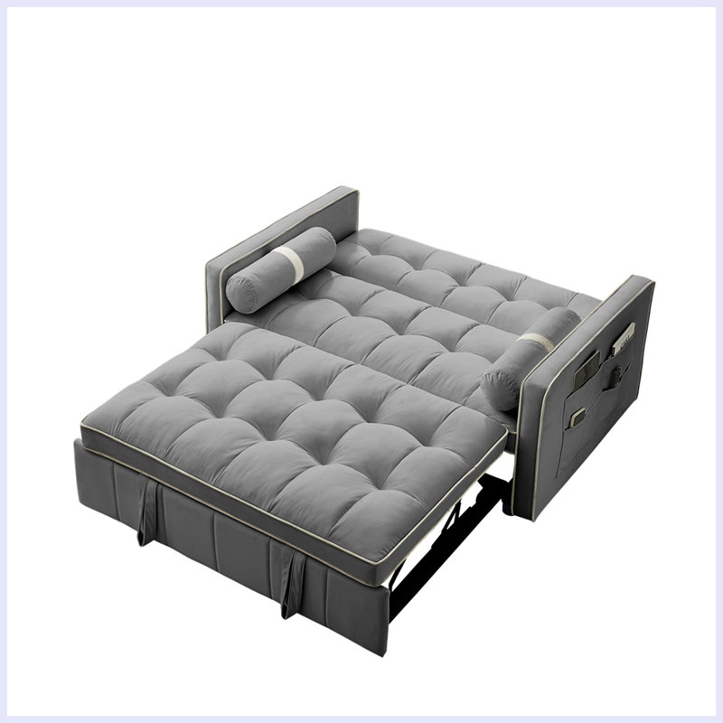 Pull out Sleep Sofa Bed 2 Seater Loveseats Sofa Couch with Side Pockets, Gray Velvet