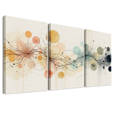 Ensemble de 3 toiles murales abstraites à l'aquarelle : cercles et lignes ramifiées