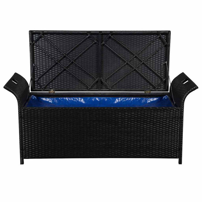 Banc de rangement en rotin PE noir de 138 cm (54,3 pouces), coussin crème, structure en acier, revêtement imperméable, pour terrasse extérieure