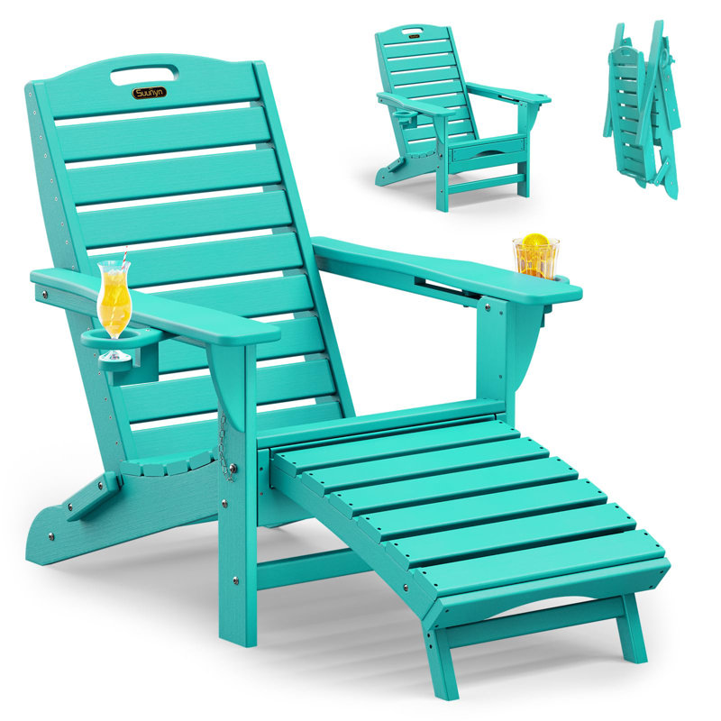 Folding Adirondack Chair with Retractable Footrest, Patio Chair with 2 Cup Holders, Black