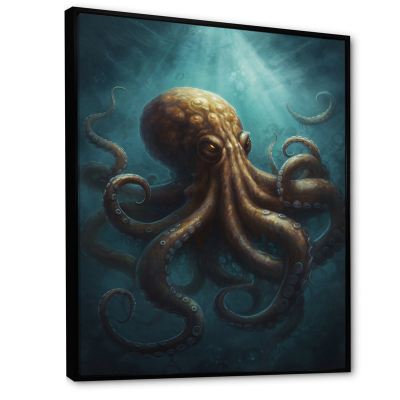 Pieuvre brune et bleue sous la mer sur toile, H 40 po x l 30 po x P 1,5 po, Cadre flottant noir