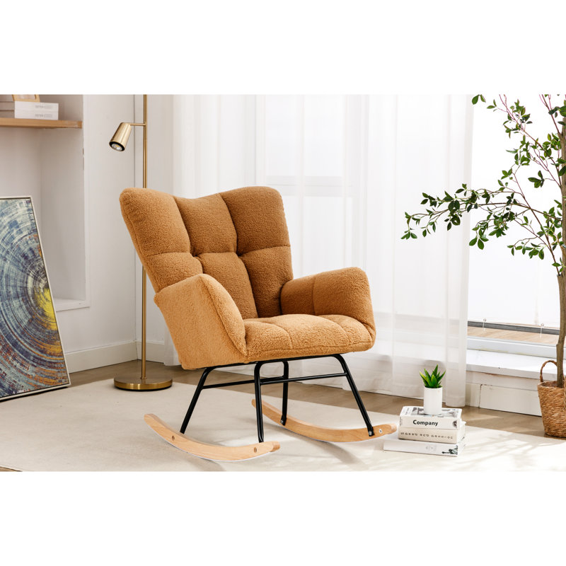 Chaise berçante kaki avec rembourrage en mousse - structure en bois d'eucalyptus, tissu doux, dossier, capacité de 250 lb, salon / chambre à coucher pour pièce remplie, base, moderne