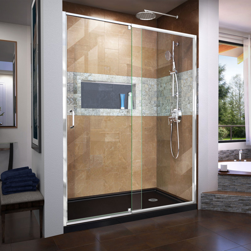 Flex 60" W x 30" D x 74.75" H Semi-Frameless Rectangle Pivot Shower Enclosure with Base Included, Chrome/Black, Right