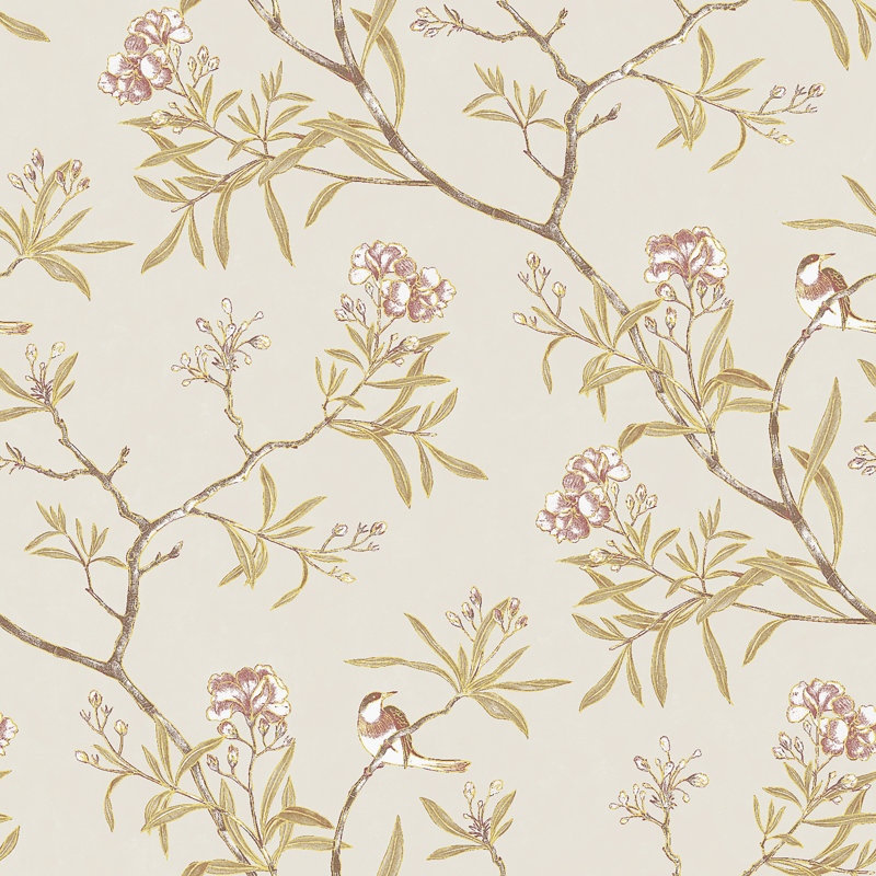 Rouleau oriental de plantes et d'oiseaux, L 393,7 po x l 20,87 po, Rose