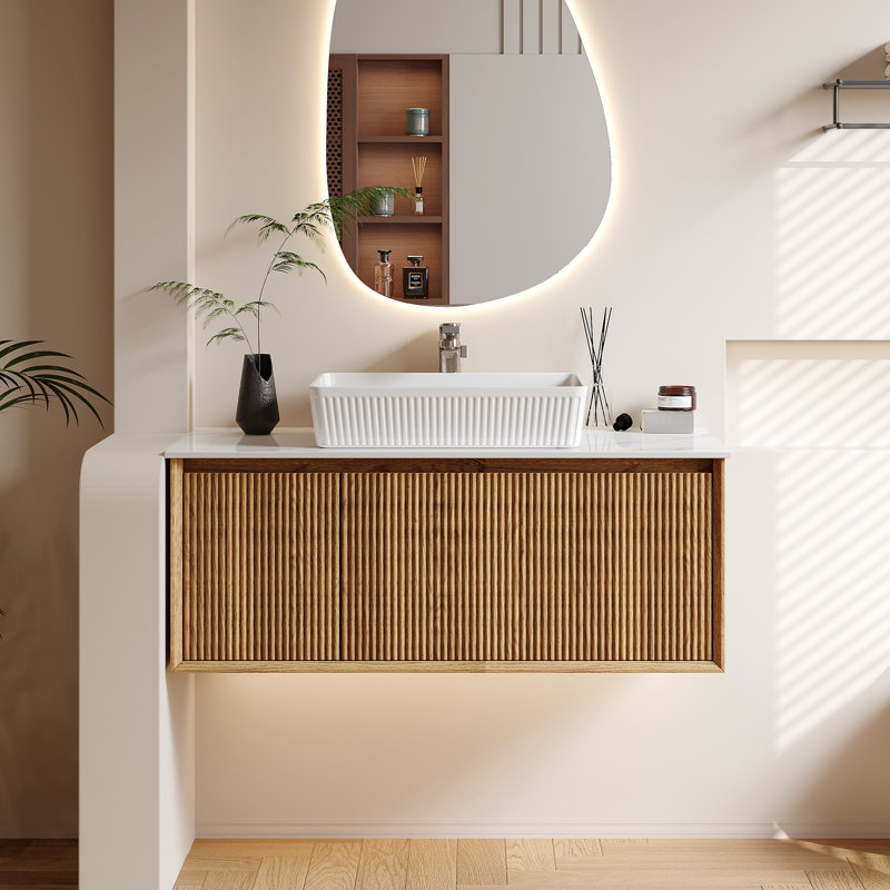 Meuble-lavabo simple moderne 35,4 po, meuble-lavabo flottant avec plateau blanc, armoire en bois massif, pré-assemblé, Blanc