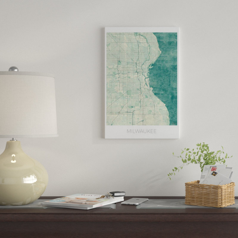 « milwaukee rétro bleu aquarelle urban blueprint map », impression sur toile, H 26 po x l 18 po x P 1,5 po, Toile tendue