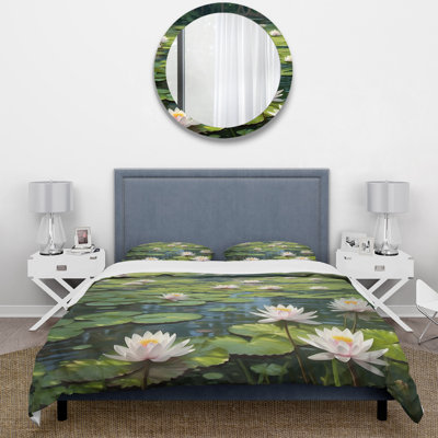 Magical Lotus Lily Pad Pond - Floral Duvet Cover Set - Microfiber Polyester