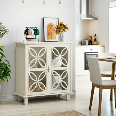 Buffet, armoire de salle de bain autoportante avec portes en verre trempé, console de cuisine rétro moderne, armoire de rangement décorative à 2 portes