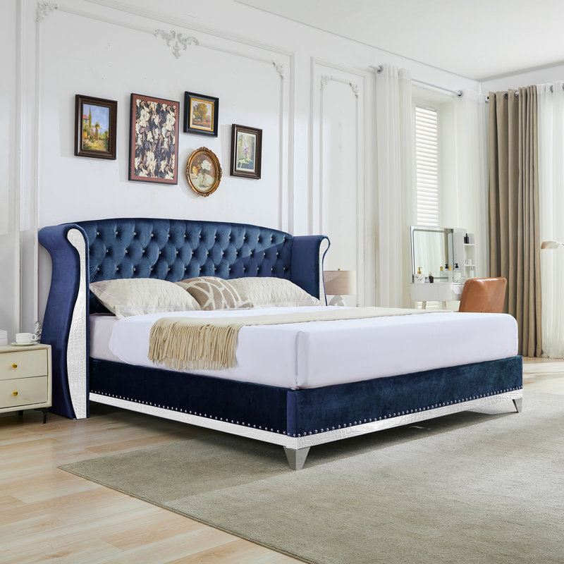 Sumi Velvet Upholstered Platform Bed With Button Tufting & Wooden Slats, King, Blue