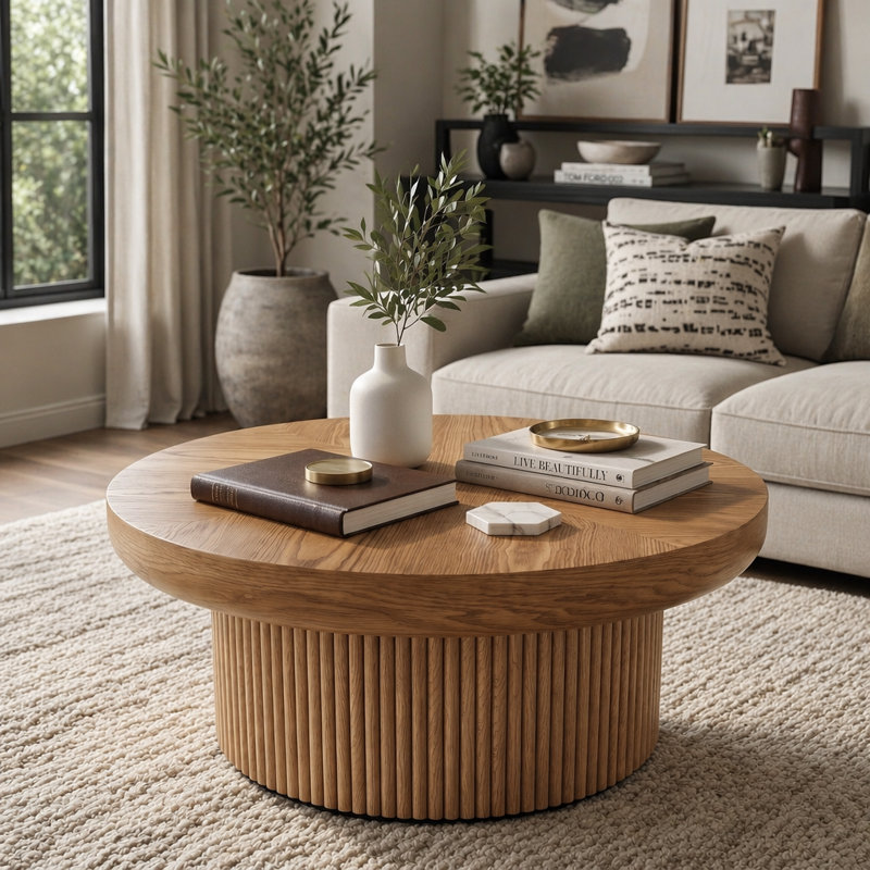 Bowe cannelé rond de 33,5 po avec plateau en bois véritable et base cylindrique, plateau de table épaissi, table basse Mid-Century moderne pour salon, petit espace