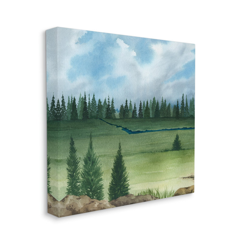 Distant Stream Grassland Trees par Sally Swatland - Peinture, H 17 po x l 17 po x P 1,5 po, Toile tendue