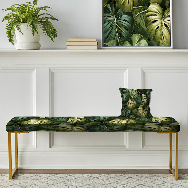 Monstera Mirage - motif tropical - banc tropical rembourré or