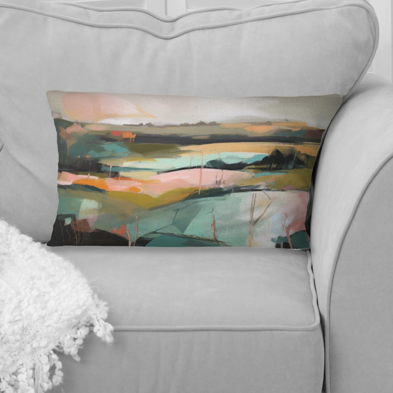 Coussin décoratif imprimé de peinture abstraite, vert et rose