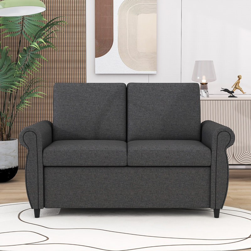 Raqual Pull Out Sofa Bed with Twin Memory Mattress, Gray 100% Linen
