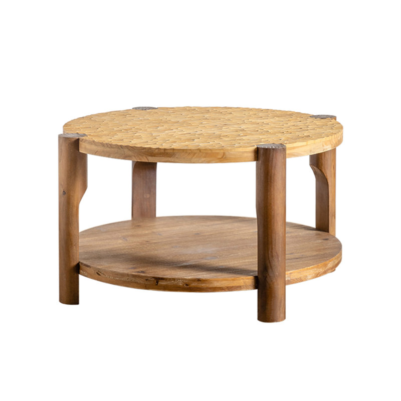 Table basse ronde en bois massif pour le salon, table basse ronde à 2 niveaux avec tablette de rangement, table basse moderne Mid-Century, espace restreint pour la maison, assemblage facile
