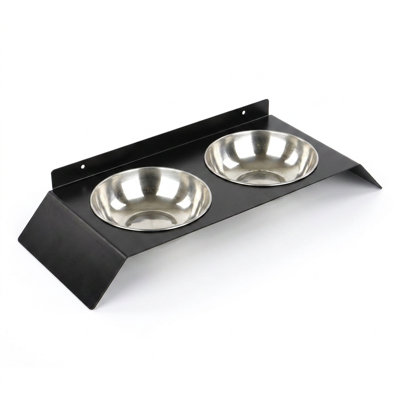 Modern Black Wall-Mounted Double Pet Feeder with Stainless Steel Bowls (19.7'' W x 7.9'' D x 2.4'' H)