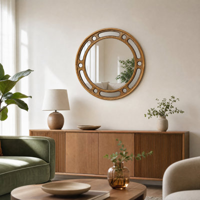28.3" Modern Round Rubberwood Accent Wall Mirror