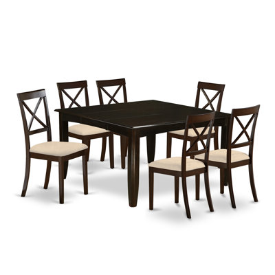 7 Piece Dining Set Consist of a Square Dining Room Table with Butterfly Leaf and 6 Linen Fabric Upholstered Kitchen Chairs, Cappuccino