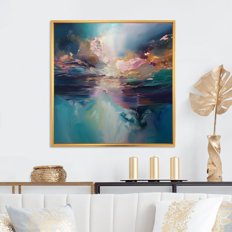 «Spiried Ocean Sunset In Shades Of Blue», art mural abstrait sur toile, 16" H x 16" W, Cadre flottant doré