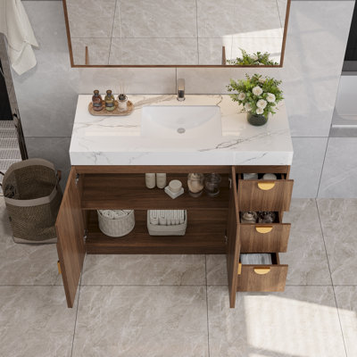 Meuble-lavabo autoportant de 48 po avec lavabo, comptoir en pierre, tiroirs à fermeture en douceur et armoire de rangement réglable