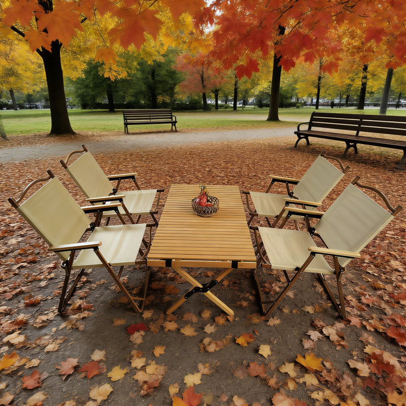 Multi - Function Foldable And Portable Dining Set, Including 1 Dining Table And 4 Folding Chairs, Suitable For Both Indoor And Outdoor Use, Natural Style, Perfect For Children's Meals And Activities