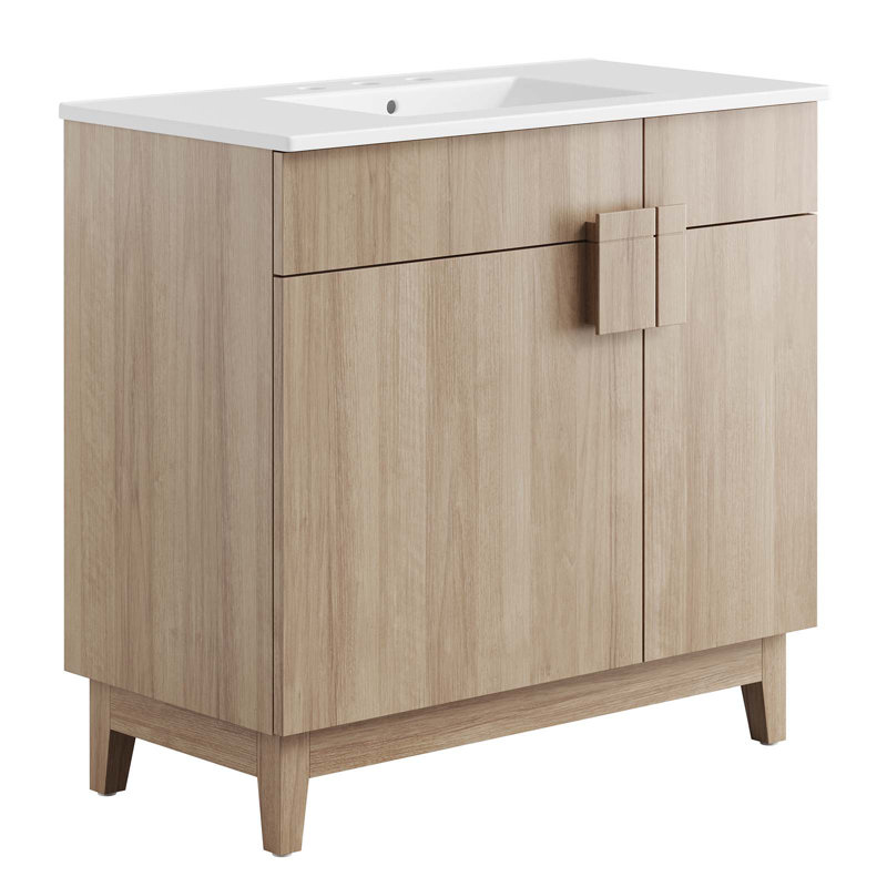 Modway Miles 36'' Free Standing Single Bathroom Vanity with Ceramic Top, White, Oak