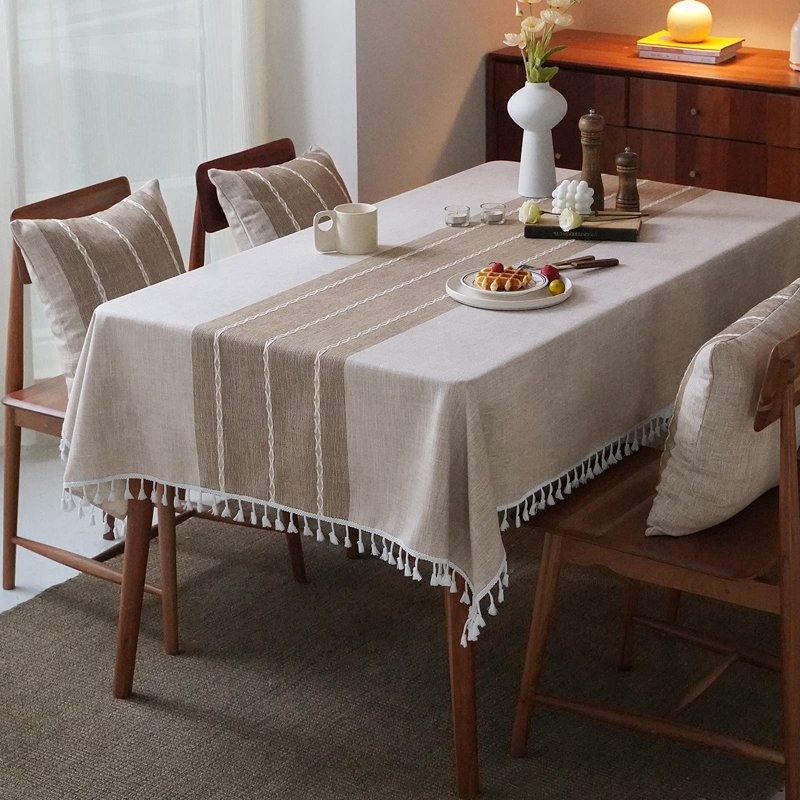 Embroidered Cotton Linen Tablecloth, Washable, Tassel, Wrinkle-Free for Kitchen, Dining, Holidays, Brown