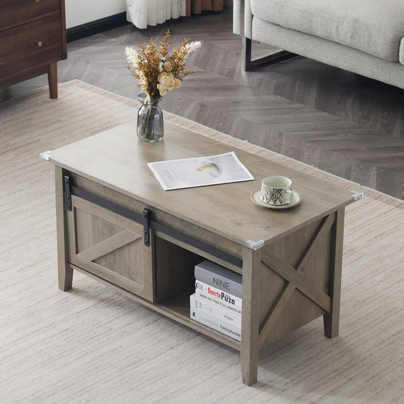 Table basse avec plateau relevable et rangement, Bois brun, Brun