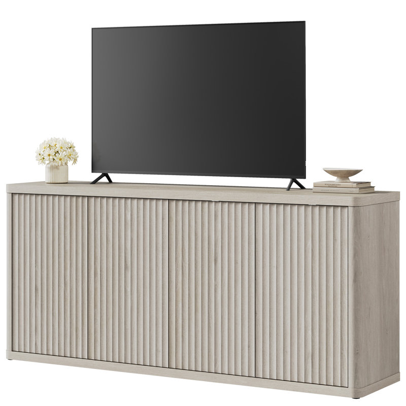 Cesiro Modern Fluted 4-Door TV Stand With Adjustable Shelves, White Alder