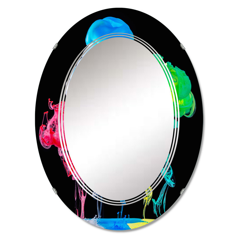 Encre rouge, bleue et verte, art liquide sur fond noir - miroir mural moderne ovale, 30 po x 20 po