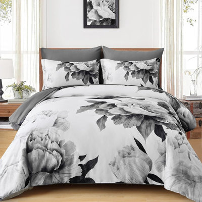 Queen Comforter Set, 7-Piece Grey Floral Bed in a Bag, White Botanical Microfiber Bedding with Sheets, Soft All-Season Farmhouse Set