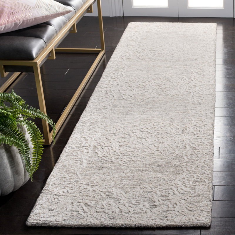 Tapis floral ivoire / beige en coton / laine / coton touffeté à la main Bathulda, Tapis de couloir 2 pi 3 po x 8 pi