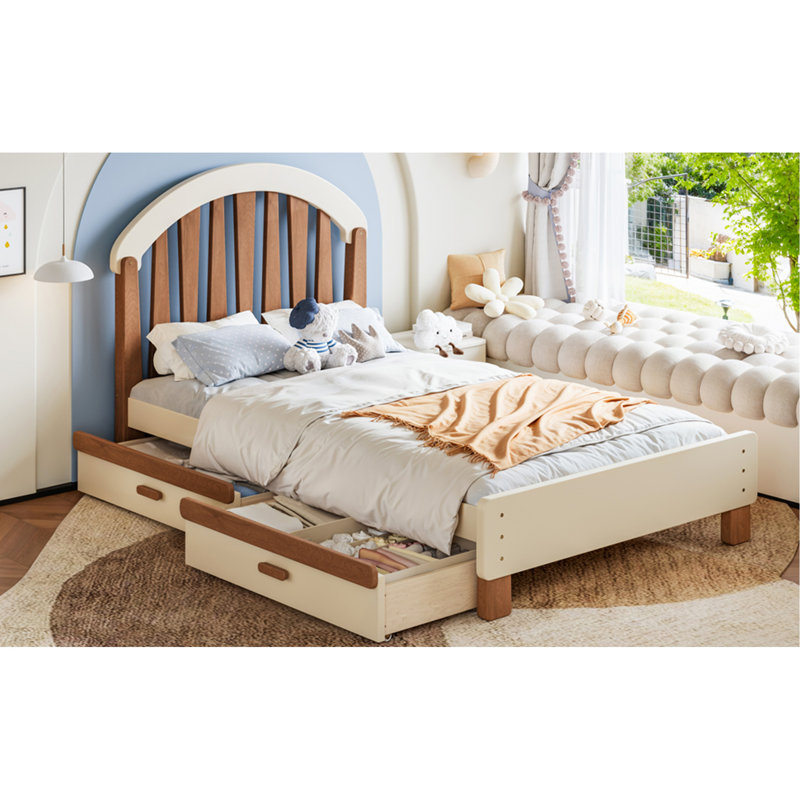 Lit plateforme simple avec tiroir de rangement, cadre de lit simple en bois avec tête de lit ronde, sommier non requis, beige et naturel