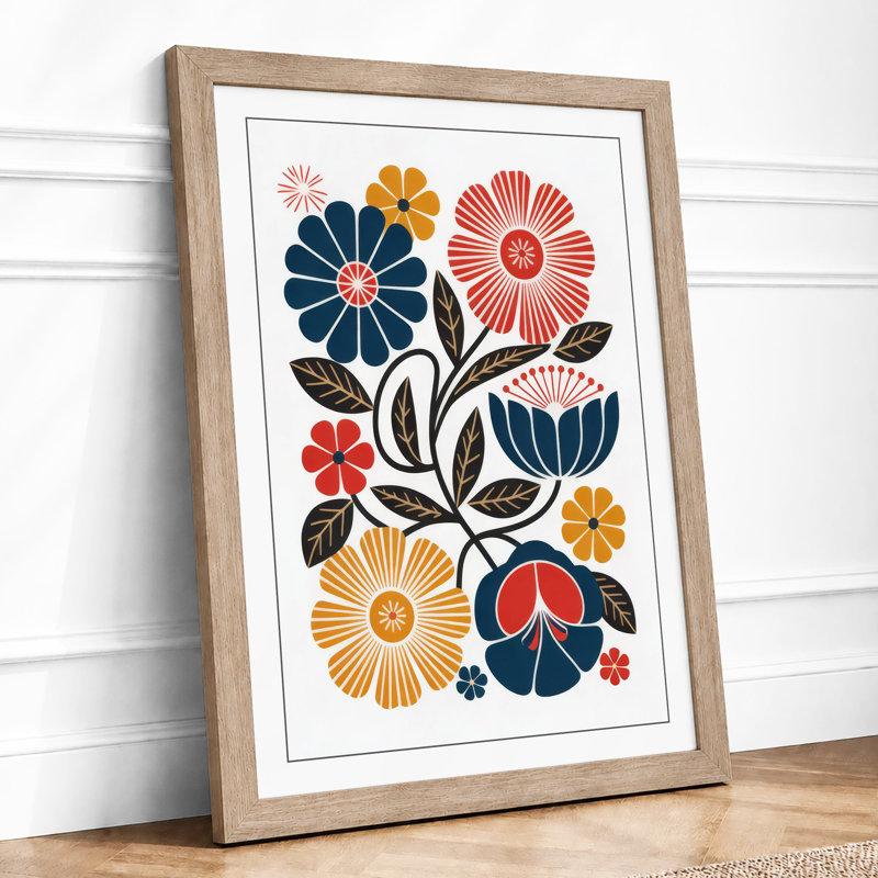 Geometric Florals Mid-Century - Framed Print, A4 - 29.7 x 21.0 cm, Oak
