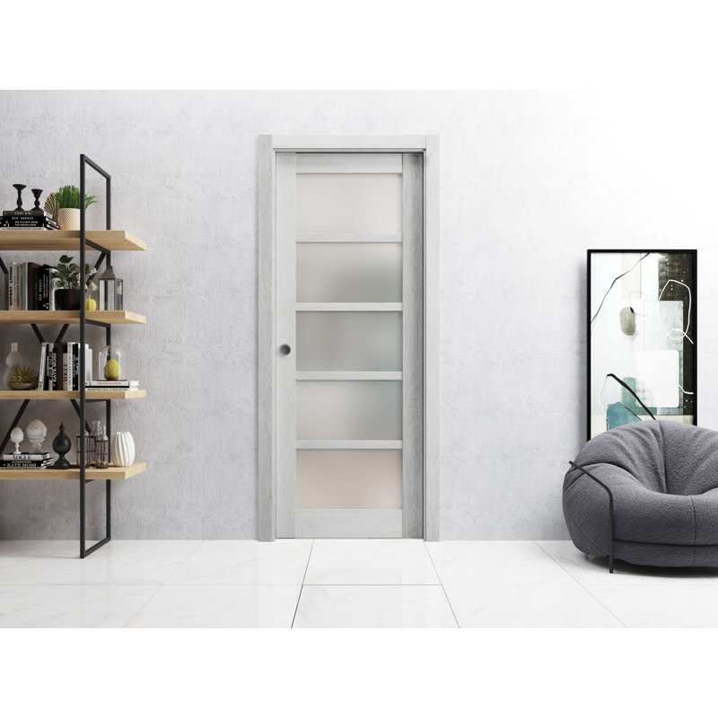 Porte coulissante à galandage avec vitrage dépoli Quadro 4002, finitions chêne gris pâle, quincaillerie et rail inclus, bois massif, pour chambre à coucher, portes robustes - 81 cm x 203 cm
