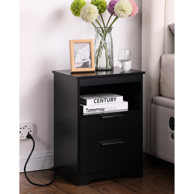 Table d'appoint noire avec système de charge intégré, table de chevet à 2 tiroirs, polyvalente pour plusieurs espaces, matériau, nécessitant peu d'entretien, table à 15,7 de profondeur et 22,8 de hauteur, tiroirs et tablette de bout, chambre idéale